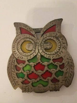Vintage Footed Cast Iron Stained Glass Owl Trivet Hill 