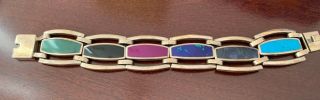 Vintage 925 Sterling Mexico Taxco Heavy Link Bracelet W Inlaid Colored Stones