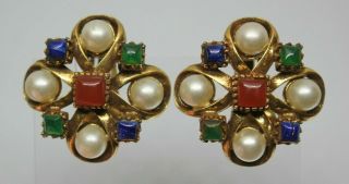 Vintage Florenza Gold Tone Faux Pearl Red Blue Green Stone Clip On Earrings