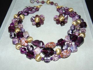 Rare Vintage Signed Hattie Carnegie Purple Adventurine Glass Necklace Earrings