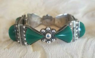Vintage Mexican Signed Sterling Silver Link Bracelet With Jade Stones