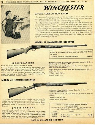 1956 Print Ad Of Winchester Model 61 Hammerless 62 Hammer Repeater Rifle