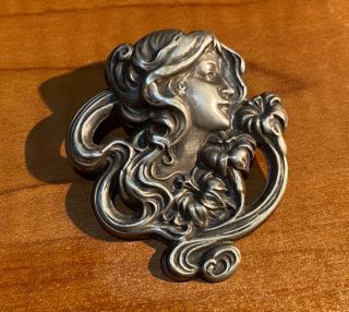 Vintage Art Nouveau Woman Flower Pin Brooch Sterling Silver Huge