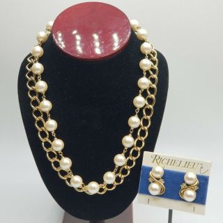 Vtg Set Richelieu Necklace Clip Earrings Faux Pearl Chain Rhinestones Jewelry