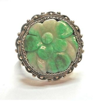Vintange Chinese Green Jade Floral Filigree Silver Size 8 Adjustable Ring - 103