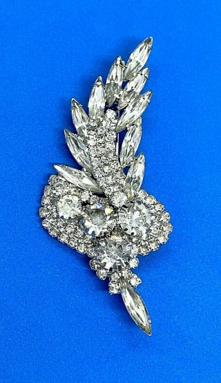 Vtg Weiss Large Silver Tone Clear Crystal Stone Flower Brooch Signed 3 1/8 " L8