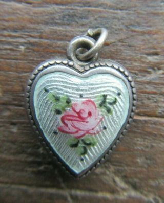 Antique Vintage Sterling Silver Enamel Puffy Heart Charm Guilloche Rose