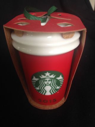 Starbucks Ornament Red Cup Logo Mini Travel Mug Christmas 2.  5 " Tall 2015