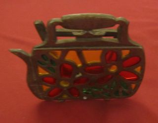 Vintage Cast Iron Metal Stained Glass Napkin Letter Holder Kettle With Flowers