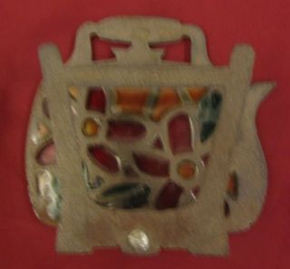 Vintage Cast Iron Metal Stained Glass Napkin Letter Holder Kettle with Flowers 2