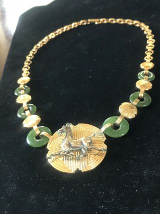 Vtg Authentic 22k Gold Vermeil Sterling Silver,  Jade,  Bronze Stallion Necklace Fm