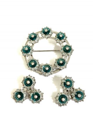 Rare Vintage Rhinestone Sterling Deco Boucher Glass Brooch Pin Earrings Set
