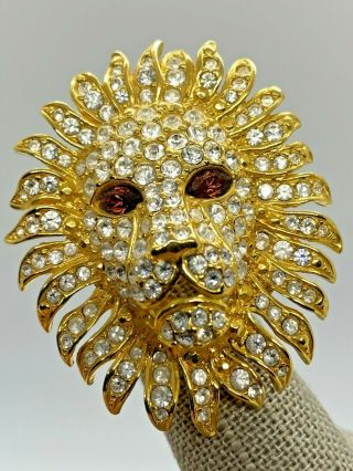 Kenneth Jay Lane Gold Tone White Sapphire Amber Lion Head Pendant Brooch
