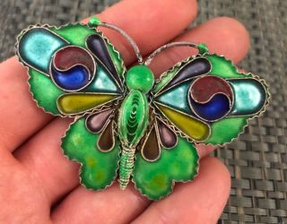 Rare Antique Chinese Sterling Silver & Enamel Yin Yang Butterfly Brooch Pin