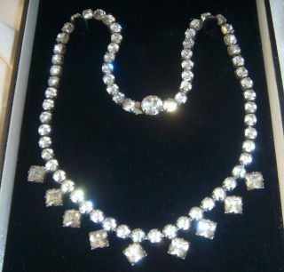 Art Deco Geometric Drops Rhinestone Crystal Vintage Necklace Old Clasp Settings