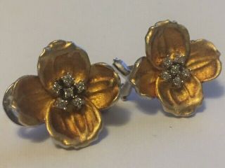 925 Sterling Silver Gold Electroplated Diamonds Flower Earrings Vintage.  - B875