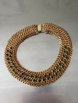 Vintage Antique Choker Necklace Green Rhinestones Gold Tone - Bliss Brothers Co