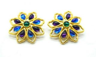 Trifari Blue Purple Green Lucite Flower Gripoix Moghul Gold Tone Clip Earrings