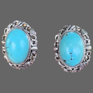 Retro Chinese Sterling Silver Turquoise Gemstone Earrings