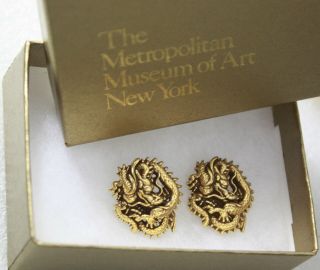 Vtg Mma Metropolitan Museum Of Art 14 K Gold Posts 3d Dragon Earrings Pierced