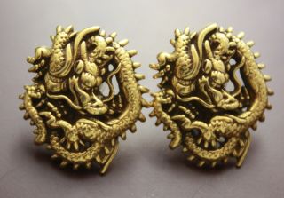 Vtg MMA Metropolitan Museum of Art 14 K Gold Posts 3D Dragon Earrings Pierced 2