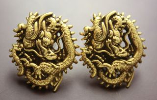 Vtg MMA Metropolitan Museum of Art 14 K Gold Posts 3D Dragon Earrings Pierced 3