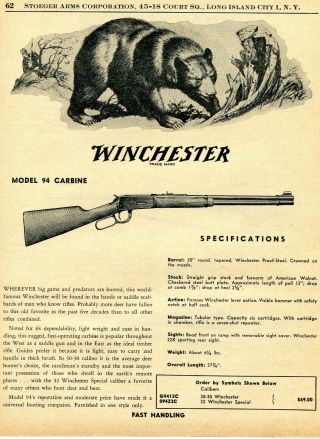 1956 Print Ad Of Winchester Model 94 Carbine Big Game Hunting Rifle Bear