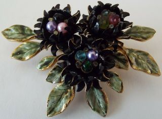Vendome Large 2&3/4” Vintage Flower Brooch Enameled Metal Pin With Bead Clusters