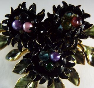 Vendome Large 2&3/4” Vintage Flower Brooch Enameled Metal Pin with Bead Clusters 2