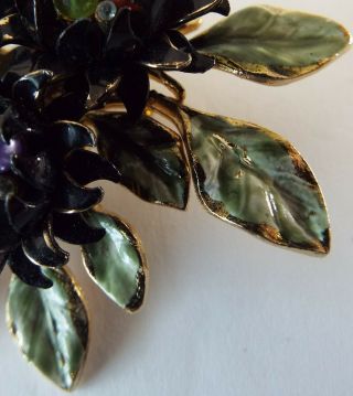 Vendome Large 2&3/4” Vintage Flower Brooch Enameled Metal Pin with Bead Clusters 3