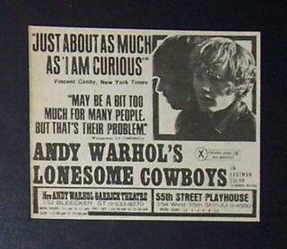 Andy Warhol Lonesome Cowboys 1969 Small X - Rated Movie Ad (joe Dallesandro)