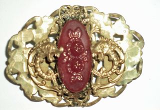 Brass Dragon Sea Serpent Carnelian Art Glass Victorian Sash Pin Brooch Antique