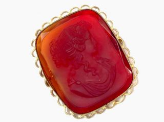 Antique Victorian Gold Tone Red Glass Lady Cameo Brooch Gift Boxed -