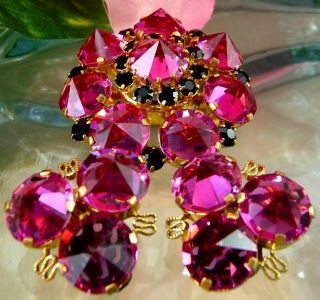 Hi End Vtg Fuchsia Pink Point Out Glass Black Rhinestone Pin Brooch Earrings Set