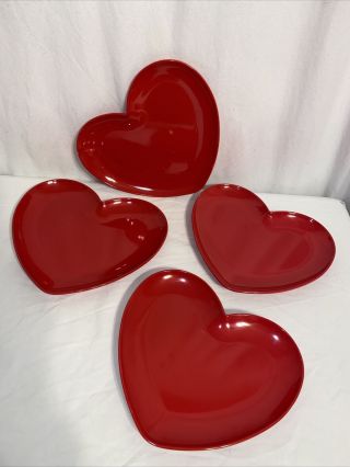 Set/4 Red Valentine Love Heart Melamine Plates 8 " X7 " Lunch Snack Appetizer