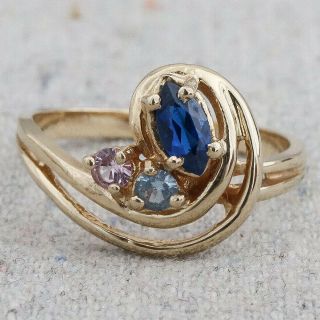 Vintage 10k Yellow Gold Sapphire Light Blue Aquamarine Light Pink Gemstone Ring