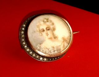 1900.  Art Nouveau Hand Painted Portrait Brooch With Waning Pearl Moon.