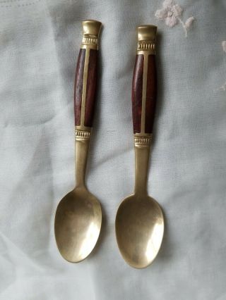2 Vintage Brass And Teak Wood Spoons Signed Thailand