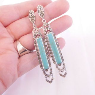 Solid Silver Marcasite & Turquoise Long Drop Earrings,  Art Deco Design 925