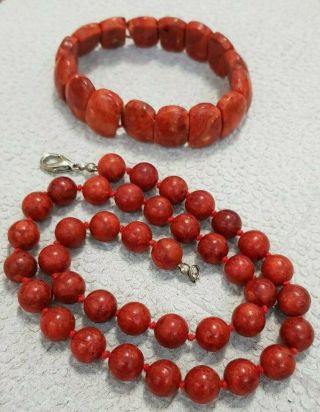 Authentic Set Natural Red Root Coral Necklace With Bracelet
