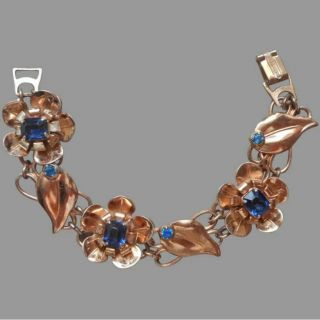 Vtg 1940s Pink Rose Gold On Sterling Silver Bracelet Flowers Blue Glass Stones