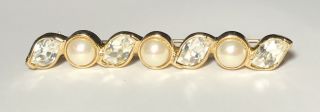 Christian Dior Swarovski Crystals Faux Pearls Bar Pin Brooch 2 7/8 " Long