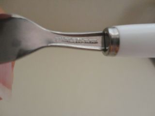 RARE VINTAGE STAINLESS APPETIZER FORKS WITH WHITE PLASTIC HANDLES - JAPAN 2