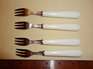 RARE VINTAGE STAINLESS APPETIZER FORKS WITH WHITE PLASTIC HANDLES - JAPAN 3