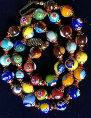 Art Deco Millefiori Venetian End Of Day Candy Cane Glass Bead Necklace
