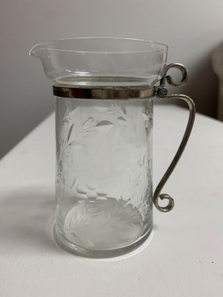Antique Etched Glass Syrup Pitcher Metal Handle