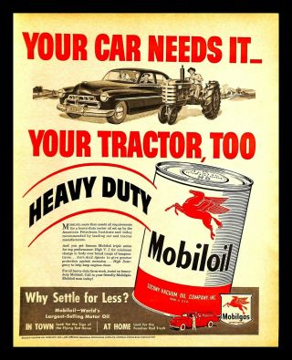 1949 Mobilgas Mobiloil Vintage Print Ad Classic Car Tractor Farm Heavy Duty 40s