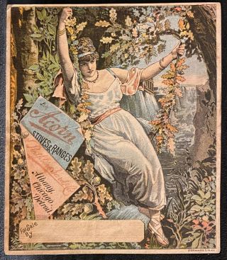 Acorn Stoves Trade Card Woman On Swing Made Of Oak Leaves & Axorns