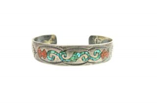 Old Pawn Navajo Sterling Silver Cuff Bracelet Turquoise & Coral Chip Design