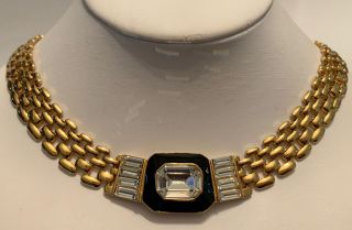 Vintage Signed Trifari Emerald Cut Crystal Rhinestone Black Enamel Necklace